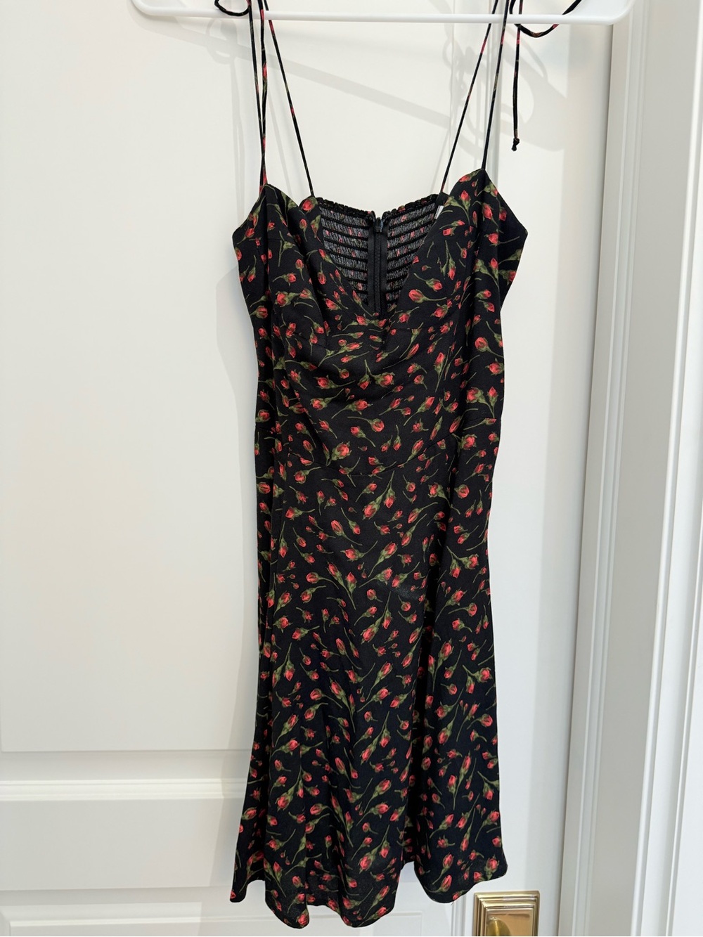 Reformation Black Mini Dress with Red Rose Print